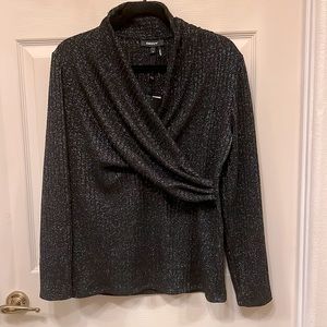 DKNY Black with Silver Metallic Threads Faux Wrap Sweater XL NWT
